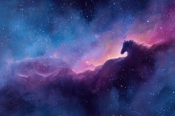 Fototapeta premium Digital illustration of a horse-head nebula amid a starry cosmos with glowing gas and dust