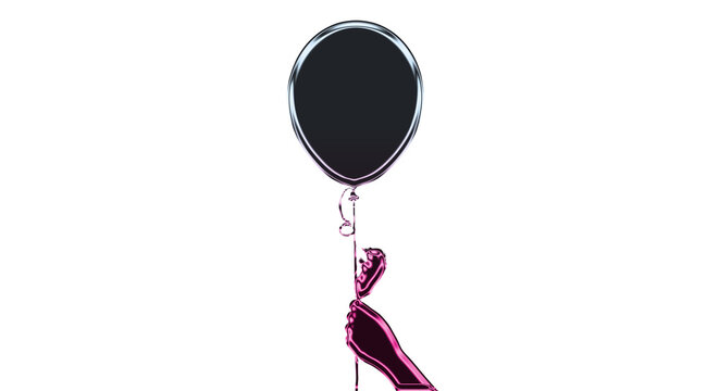 A pink high-heeled shoe dangling from a silver balloon floats freely in air