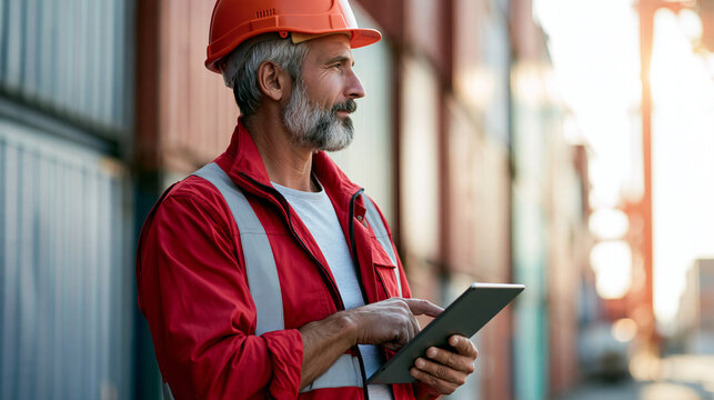 Senior engineer using tablet at a shipping container yard
