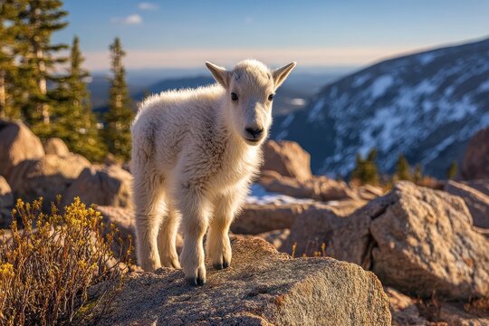 Young mountain goat kid posing on granite ledge beneath blue sky and distant peaks