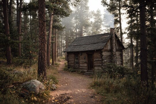 Isolated rural cabin at dusk, moody woodland landscape