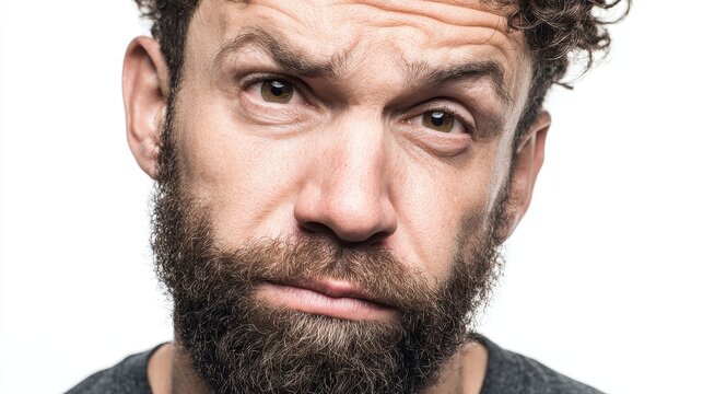 Contemporary Bearded Portrait: Doubtful Expression in a Clean White Backdrop
