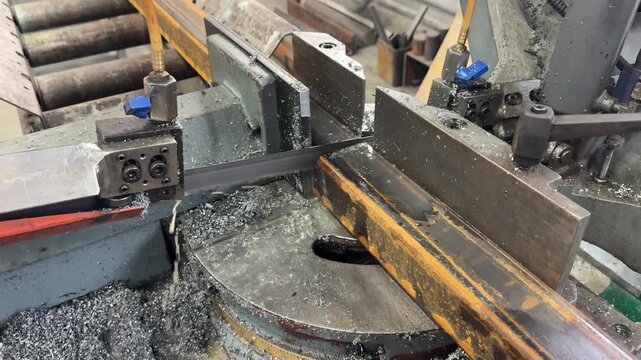 Steel billet being sawed in a factory workshop.