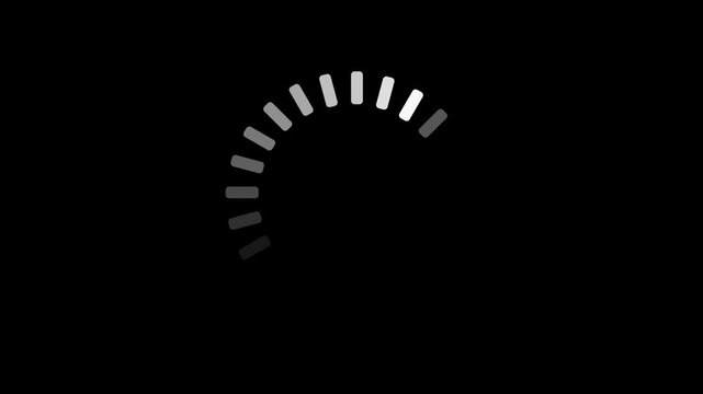 Minimalist white loading spinner animation on a black background, rotating circular progress indicator, digital buffer icon, UI UX design element.
