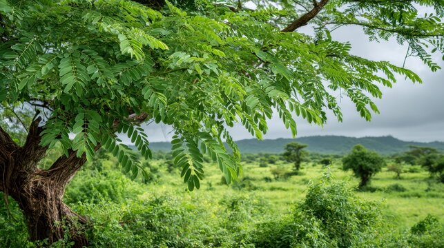 Healthy moringa foliage under overcast skies in a calm natural scene