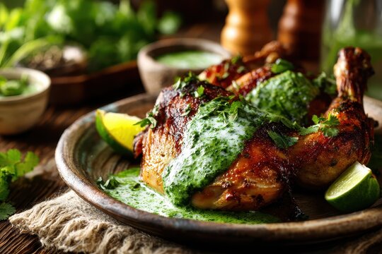 Peruvian-style roasted chicken with aj&Atilde;&shy; verde sauce on a rustic plate