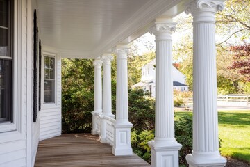 Fototapeta premium Colonial white porch with wood-grain vinyl columns and vented soffit