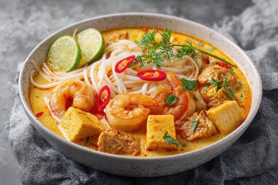 Close-up of Malaysian laksa with noodles, chicken, prawns and tofu, garnished with herbs