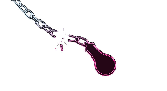 A broken pink handcuff hangs from a silver chain on a transparent background.