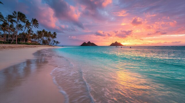 Sunrise over turquoise waters at Lanikai Beach, palm-framed shoreline
