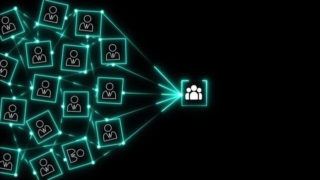 group icon off leader and neon box animation connection linkage with human icon for customer focus target group and customer relation management concept.