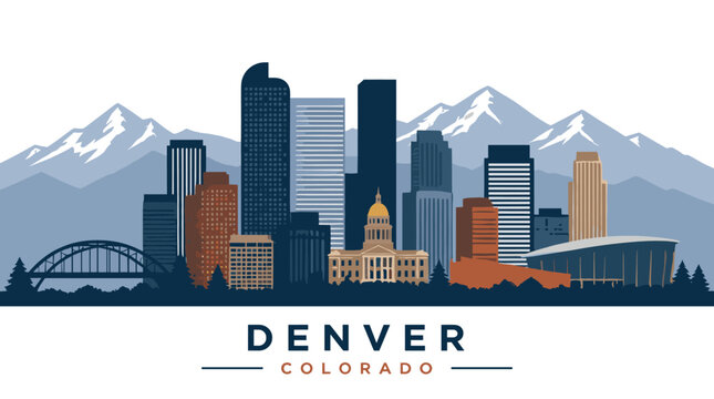 Stylized cityscape of Denver Colorado featuring modern skyscrapers mountain backdrop and urban skyline at dusk