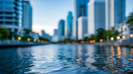 Fototapeta premium Cityscape with glass buildings and a river running through the urban landscape, reflective water surface, defocused skyline in background, urban river city photography, modern