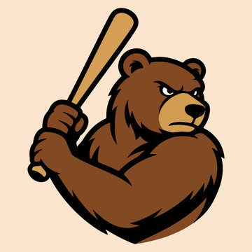 Aggressive Bear Baseball Mascot Logo with Bat Vintage Sports Team Branding Vector Illustration