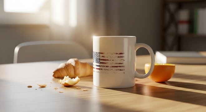 USA Independence Day morning breakfast with American flag coffee mug and croissant