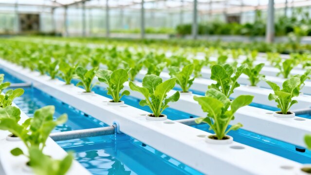 Rows of lettuce growing in a hydroponic system