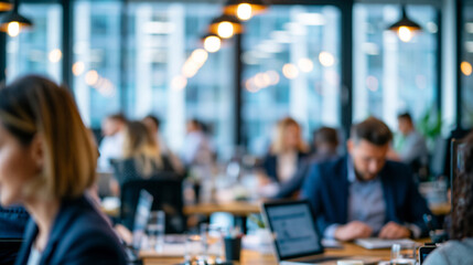 Obraz premium Busy modern office scene with a city view through large windows, professionals working at desks, defocused office activity in background, modern workplace concept photography,