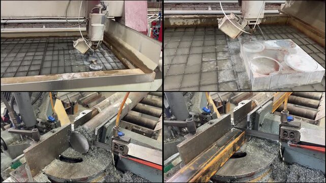 Split screen metalworking: CNC machine cutting steel on left, welder with sparks on right, industrial precision.
