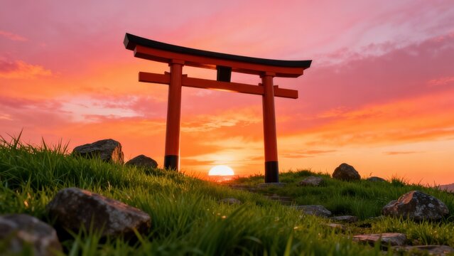 Torii gate at sunset with grass and rocks