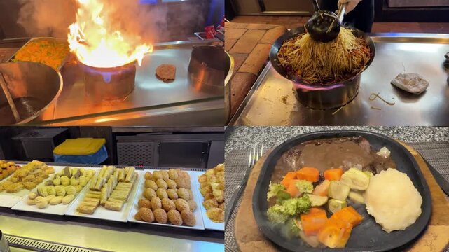 Split screen view of extensive buffet selection cooking at a tropical resort: chefs grilling, frying, baking, assembling international dishes, plus fresh salads, soups, and desserts.