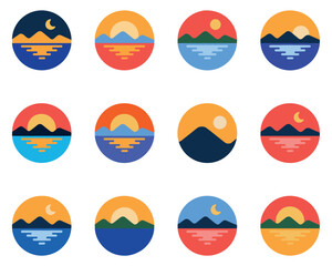 Fototapeta premium Set of twelve circular mountain landscape with sun, moon, and water reflections