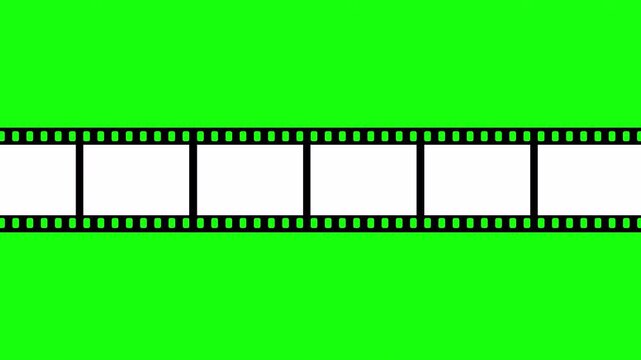 Vintage film strip moving horizontally in a seamless loop with transparent alpha channel background and editable blank frames for custom images or video content. Retro cinema overlay animation