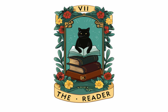 Floral tarot card illustration featuring a black cat reading books
