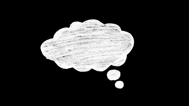 White hand-drawn thought bubble animation, scribble style cloud icon on black background, dream and idea concept, artistic motion graphic, isolated, 4k.
