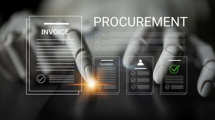 Obraz premium Digital transformation in procurement illustrated with robotic hand processing invoices and quotations, symbolizing innovation and efficiency in business operations. Cyphers