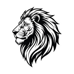 Obraz premium Black and white detailed illustration of a majestic lion's head in profile, showcasing its powerful mane and fierce expression.