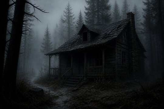 Abandoned wooden cabin standing in foggy pine forest at night