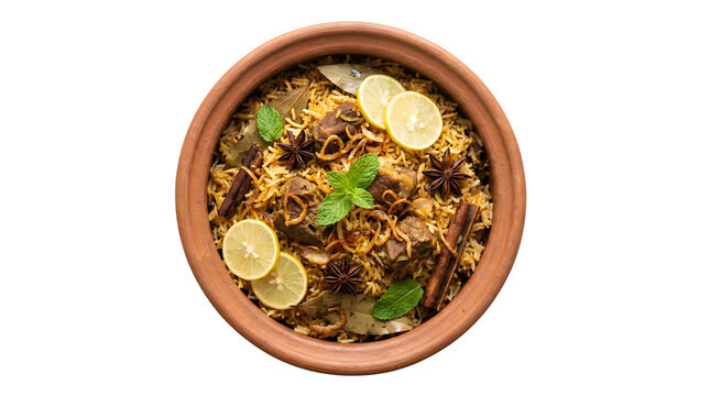 Traditional mutton biryani in clay pot, spicy lamb pilaf with aromatic basmati rice, authentic Indian meat biryani isolated on white background