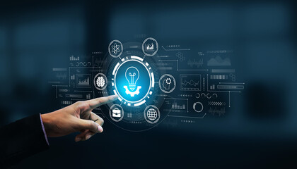 Fototapeta premium Innovative Technology Interface with Hand Touching Digital Icons Representing Ideas, Data Analysis, and Growth in a Futuristic Setting. Entropy.