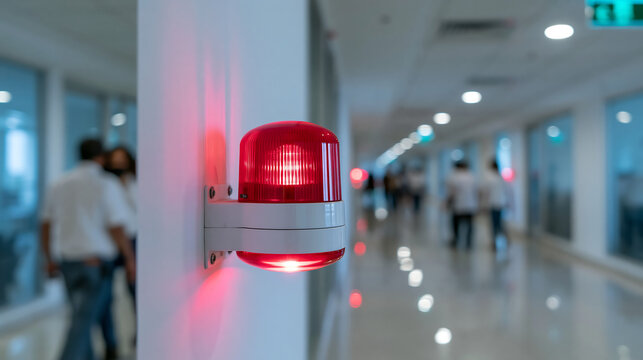 close up of red emergency alarm light mounted on wall representing fire safety and building security system