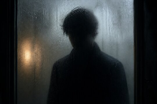 Silhouette figure standing behind rainy glass door pane