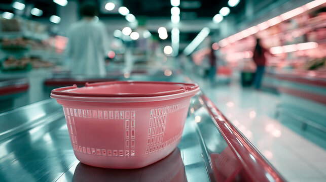 empty pink plastic shopping basket placed on supermarket counter representing retail grocery shopping and consumer commerce