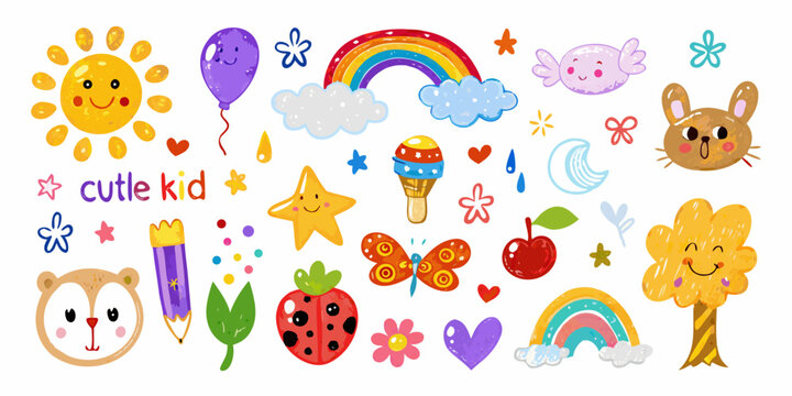 Colorful Doodle Illustrations Of Childhood Objects And Characters
