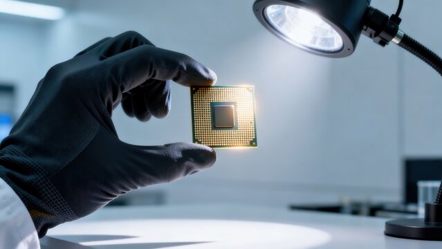 Hand holding microchip under lamp