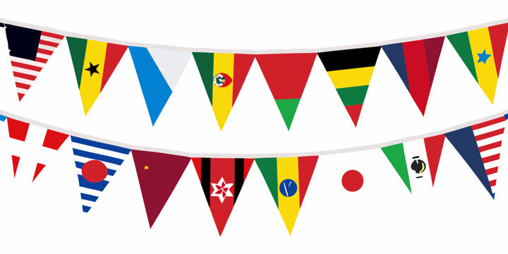 International flags in a pennant garland against a white background