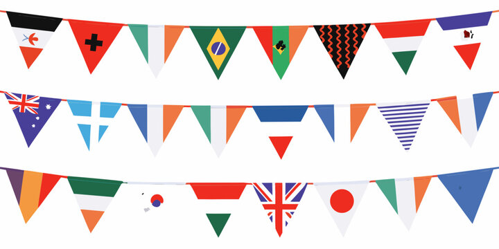 Triangular flag banner garland with various national flags vector illustration