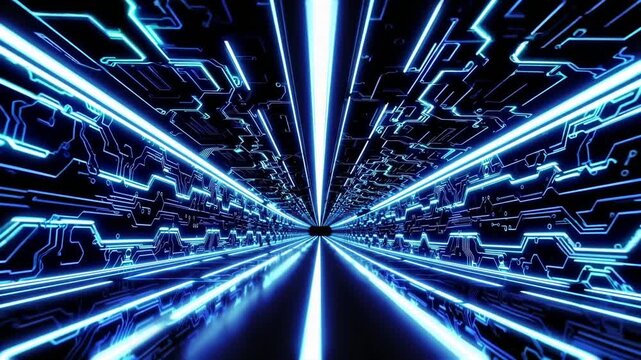 Neon tunnel with converging circuit lines. Highspeed digital corridor of glowing blue pathways and pulsating light streaks, abstract technology motion suggesting data transfer, immersive virtual.