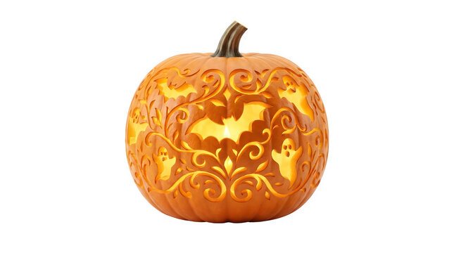 Intricately carved Halloween pumpkin with glowing bat and ghost patterns, illuminated jack-o-lantern on white background, decorative orange squash