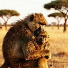 Fototapeta premium Baboon mother hugs baby warmly in sunlit savannah grassland. Adult primate holds infant tenderly, showing animal love. Wild savanna scene with acacia trees at sunset.