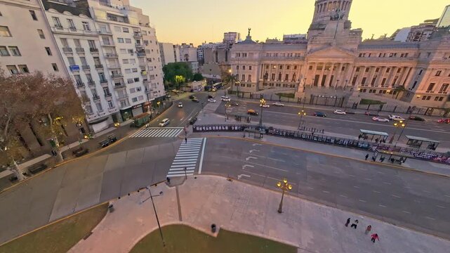 FPV Drone Wide Establishing Shot of Argentine Congress at Sunset