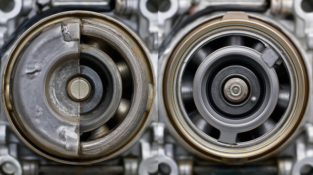Close-up split image comparing a dirty, dusty turbine fan of an air conditioner with a clean, well-maintained fan.