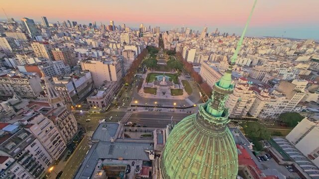 High Angle FPV Tilt Flight Over Plaza del Congreso Intersections