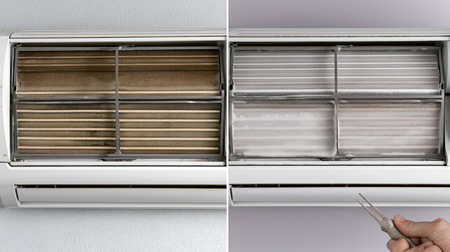 This image shows a split view of an air conditioner's filters, with one side covered in dust and the other side sparkling clean after maintenance.