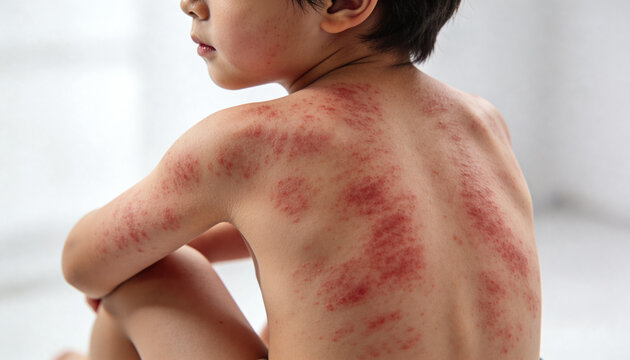 Child with severe skin rash on back and arm. Dermatitis and allergic reaction on body. Pediatric medical concept, skin health diagnosis, symptoms of eczema, atopic skin disease.