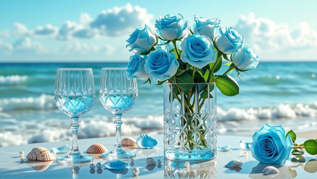 beautiful scene beach scene vase blue roses center vase clear glass has diamond pattern next vase two wine glasses small blue rose background clear blue sky white clouds ocean seen distance also few
