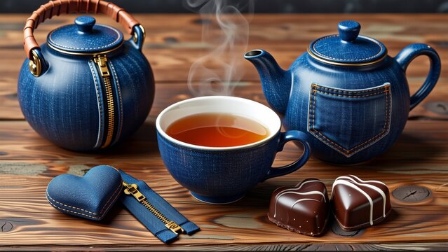 blue teapot cup tea wooden table tea pot has handle spout has zipper side next tea pot small blue heart shaped pouch zipper closure right side table two chocolate truffles background blurred appears